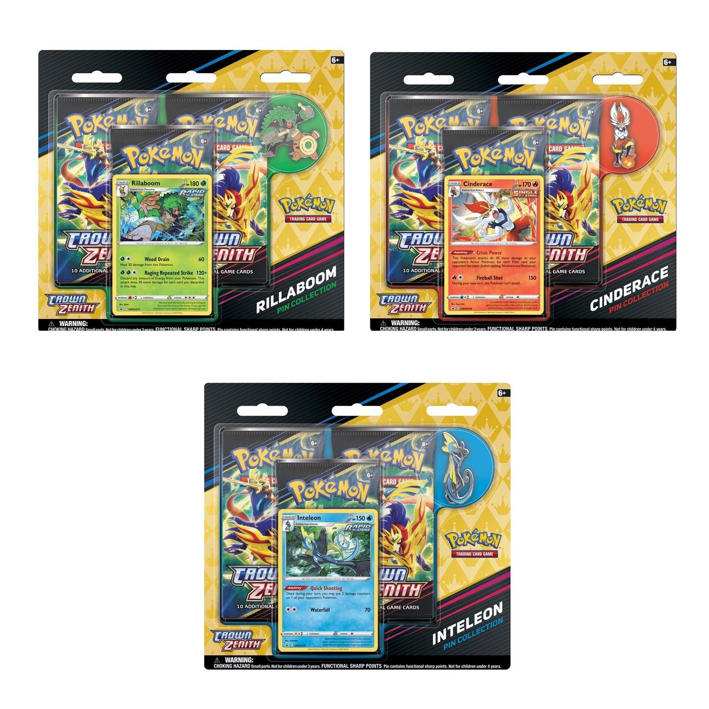 Crown Zenith Pin Collection Bundle (1 of Each - Inteleon, Rillaboom, Cinderace)