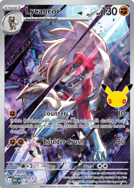 Lycanroc Illustration Rare - 138/128 - Pokemon 30th Celebration